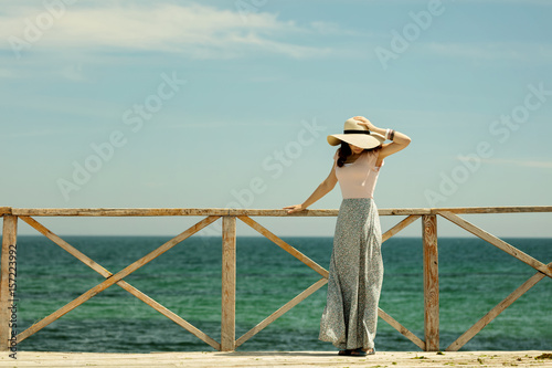 Young beautiful woman in a long skirt and hat stands on a wooden old pier on a background of a sea landscape.