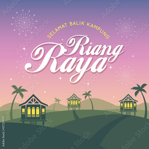 Hari Raya Aidilfitri greeting card template. Vector traditional malay wooden houses with nightfall landscape background and fireworks. (translation: Happy Fasting Day ; return hometown safely) photo