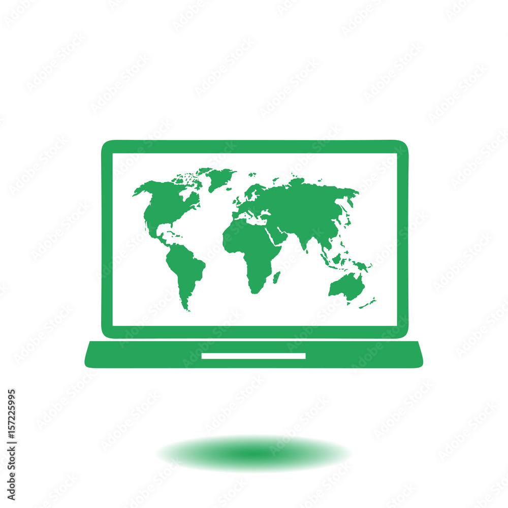 Laptop and world map illustration. World map geography symbol. Flat design style. Laptop and world map illustration. World map geography symbol. Flat design style.