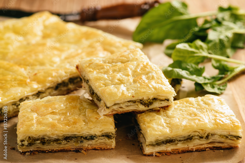 Homemade savory pie  with spinach and ricotta.