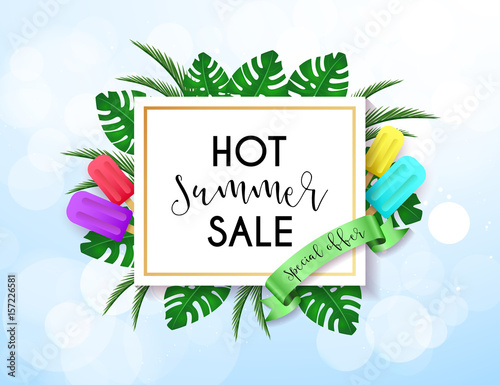 Summer sale vivid layout design with ice cream, lettering, ribbon, frame, background. Vector illustration. Hello summer season colorful fresh design for party, poster, menu, flyer, card, invitation.