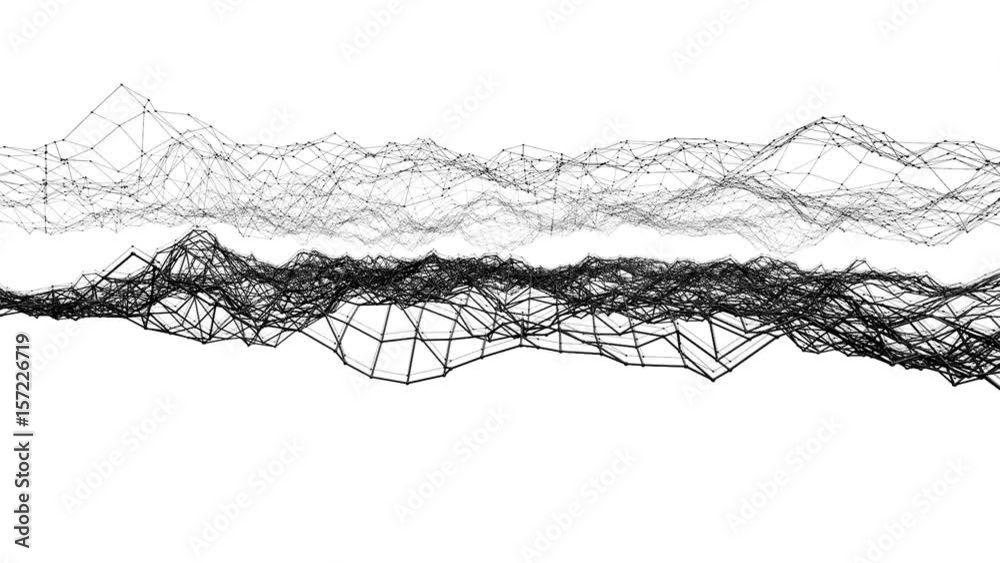 Abstract simple black and white waving 3D grid or mesh as cartoon background. Grey geometric vibrating environment or pulsating background 1.