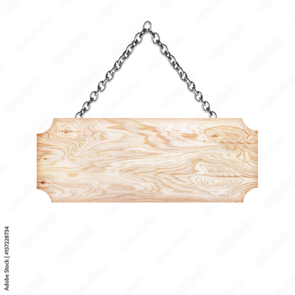 Wooden sign hanging on a chain isolated on white background Wooden sign hanging on a chain isolated on white background