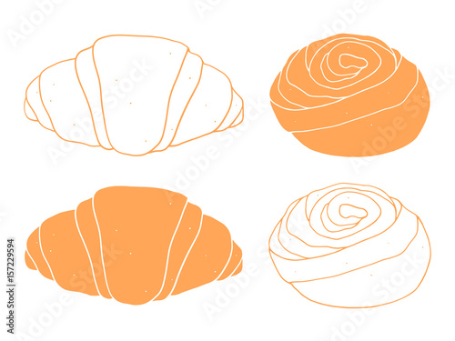 Hand drawn set of croissant and roll bun. Hand drawn bakery illustration 