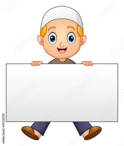 Happy muslim boy cartoon holding blank sign 