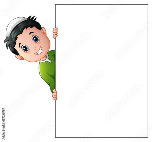 Happy muslim boy cartoon holding blank sign 