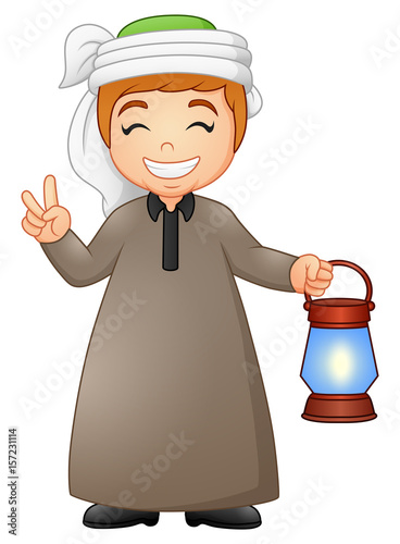 Muslim kid giving two finger with holding lantern