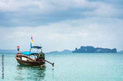 Fototapeta Naklejka Na Ścianę i Meble -  Amazing view of beautiful beach with traditional thai longtale boats. Location: Krabi, Thailand, Andaman Sea. Artistic picture. Beauty world.