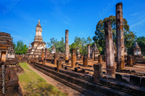 Wat Chedi Jet Thaew in the precinct of Si Satchanalai Historical Park, a UNESCO World Heritage Site in Thailand