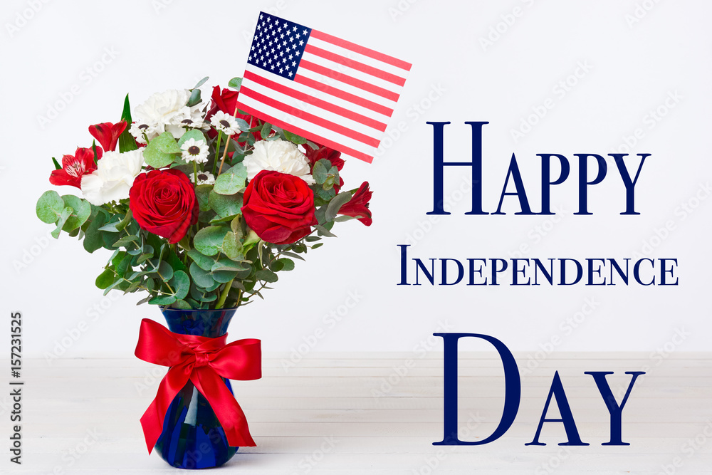 Obraz premium Beautiful bouquet with american flag on white background, Happy independence day concept
