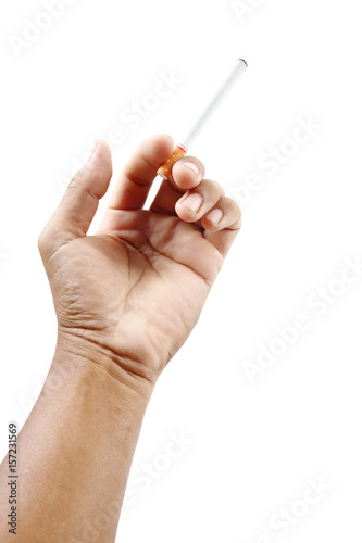 Smokers hand with cigarette isolated with clipping path.