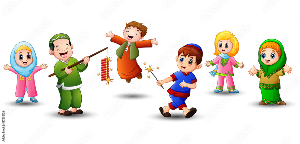 Happy cartoon kid celebrate eid mubarak with play firework Happy cartoon kid celebrate eid mubarak with play firework