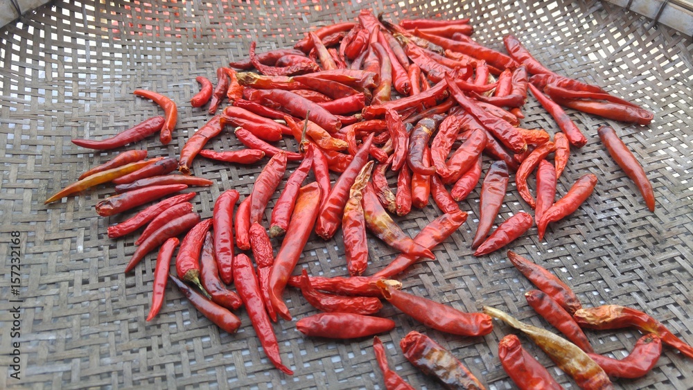 Dry chili on the rice-winnowing basket.
