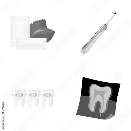 Mint chewing gum with mint leaves, toothbrush with bristles, bregettes with teeth, X-ray of the tooth. Dental care set collection icons in monochrome style vector symbol stock illustration web.