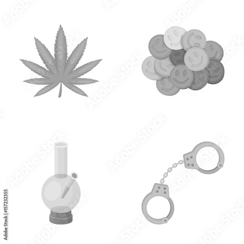 Hemp leaf, ecstasy pill, handcuffs, bong.Drug set collection icons in monochrome style vector symbol stock illustration web.