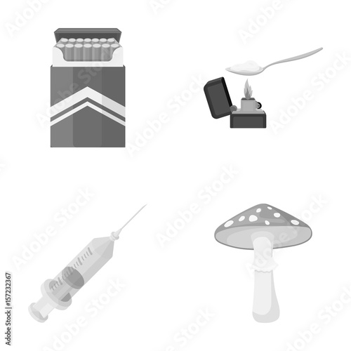 Cigarettes, a syringe, a galoyucinogenic fungus, heroin in a spoon.Drug set collection icons in monochrome style vector symbol stock illustration web.