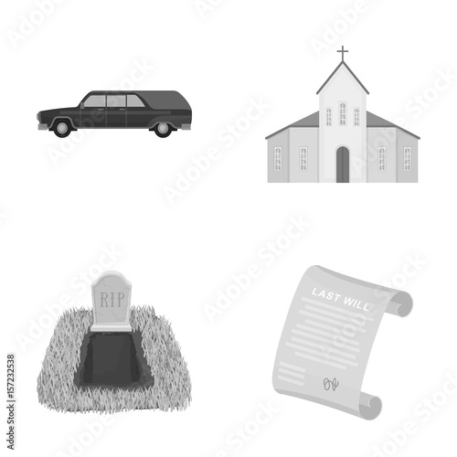 Black cadillac to transport the grave of the deceased, a church for a funeral ceremony, a grave with a tombstone, a death certificate. Funeral ceremony set collection icons in monochrome style vector