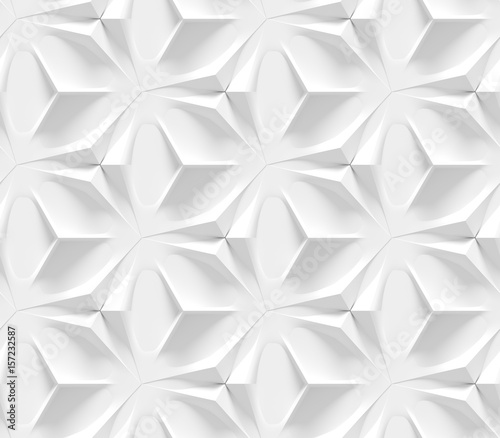 White seamless geometric texture. Origami paper style. Hexagonal elements. 3D rendering background.