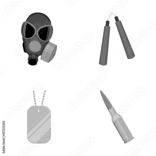 Gas mask, nunchak, ammunition, soldier's token. Weapons set collection icons in monochrome style vector symbol stock illustration web. photo