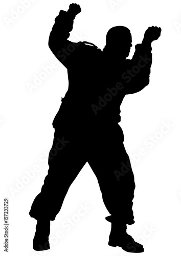 Soldier in uniform with weapon on white background