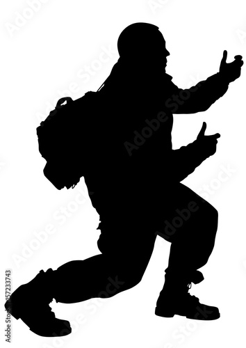 Soldier in uniform with weapon on white background