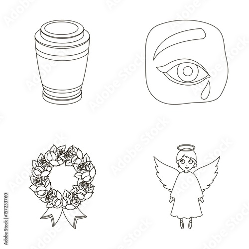 The urn with the ashes of the deceased, the tears of sorrow for the deceased at the funeral, the mourning wreath, the angel of death. Funeral ceremony set collection icons in outline style vector
