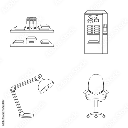 Shelves, folders and notebooks with business records, a coffee machine with cups, an armchair with a backrest on wheels, a desk lamp. Office Furniture set collection icons in outline style vector