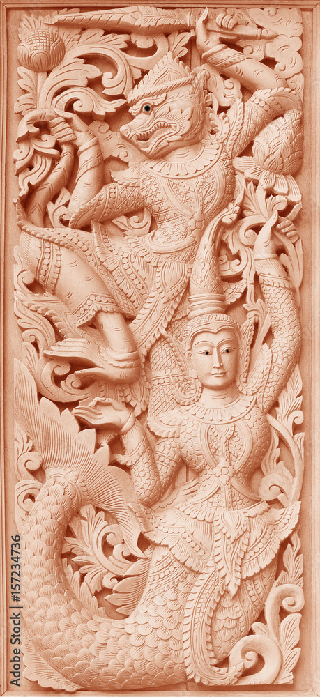  Traditional Old wood carving on the wall of Temple in Thailand,  Thai style