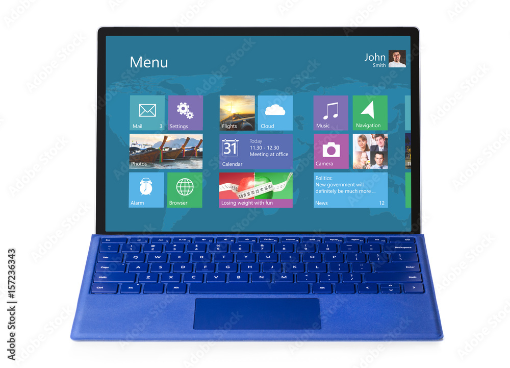 Convertible laptop computer that supports pen and have detachable keyboard with operating system interface isolated on white background Convertible laptop computer that supports pen and have detachable keyboard with operating system interface isolated on white background