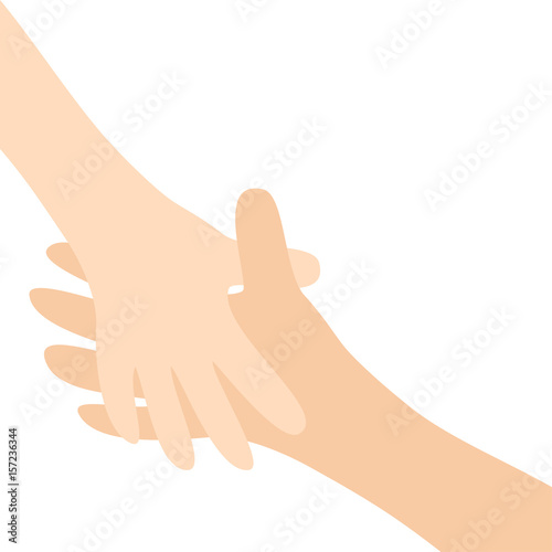 Two hands arms reaching to each other. Handshake. Happy couple. Mother and child. Helping hand. Close up body part. Baby care. White background. Isolated. Flat design.