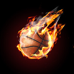 Soccer ball on fire flying on black background