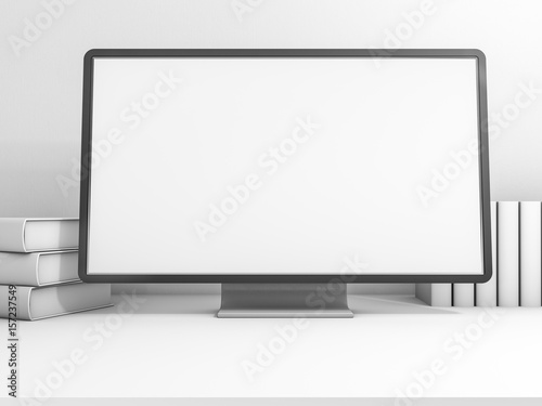 Computer on workspace table showing blank white screen. 3D rendering