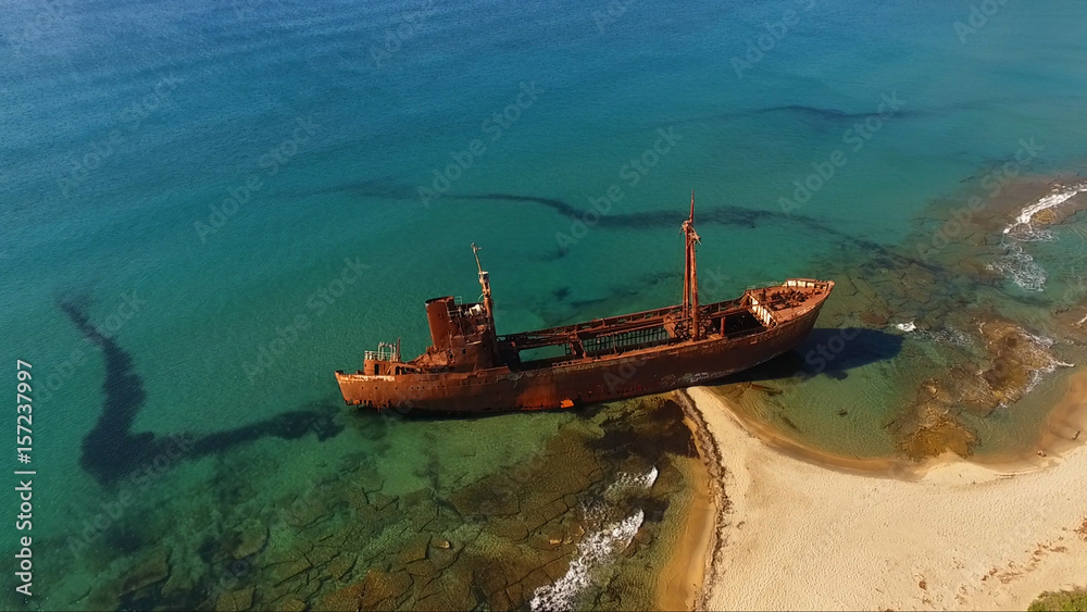 Aerial drone photo of shipwreck of Agios Dimitrios near Githeio, Peloponnese, Greece