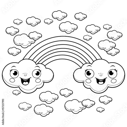 Rainbow and clouds in the sky. Vector black and white coloring page.
