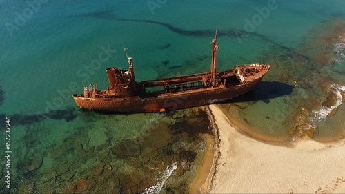 Fototapeta Naklejka Na Ścianę i Meble -  Aerial drone photo of shipwreck of Agios Dimitrios near Githeio, Peloponnese, Greece
