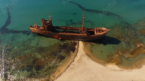 Aerial drone photo of shipwreck of Agios Dimitrios near Githeio, Peloponnese, Greece © aerial-drone