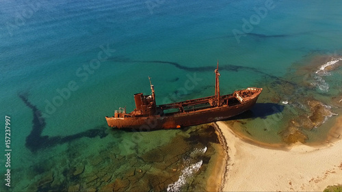 Fototapeta Naklejka Na Ścianę i Meble -  Aerial drone photo of shipwreck of Agios Dimitrios near Githeio, Peloponnese, Greece