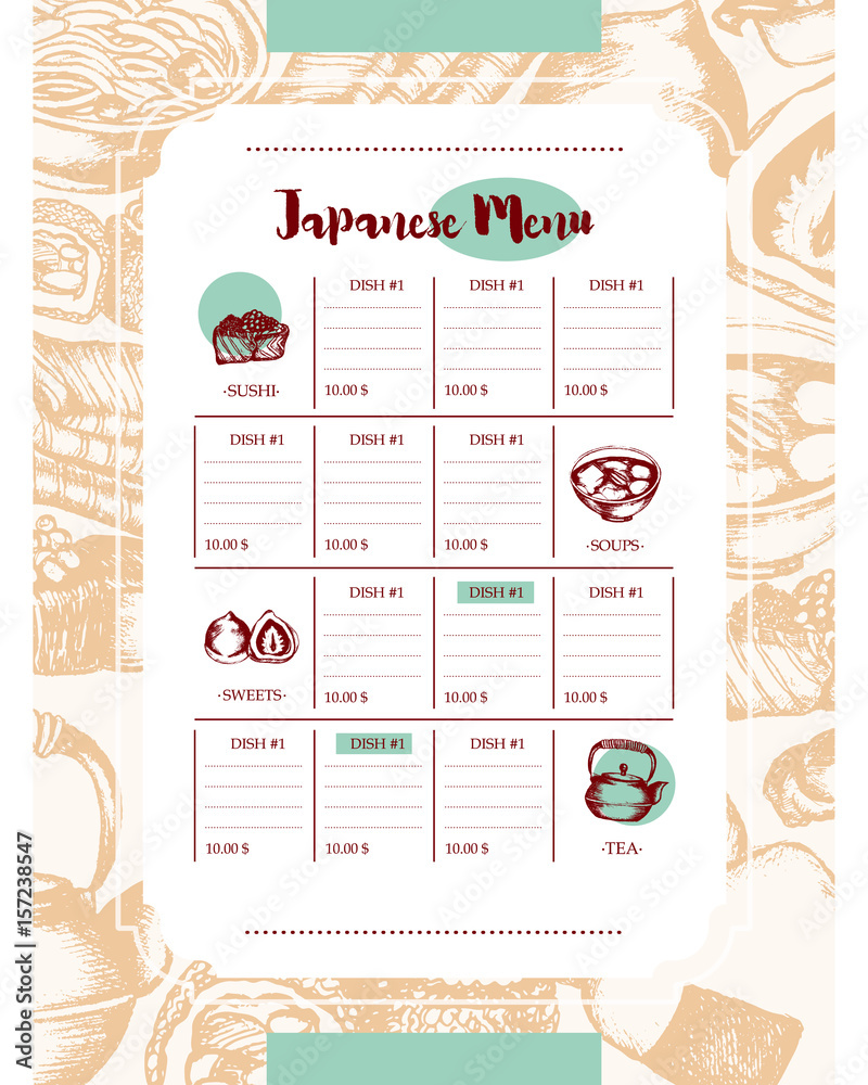 Japanese Food - vintage color hand drawn template menu