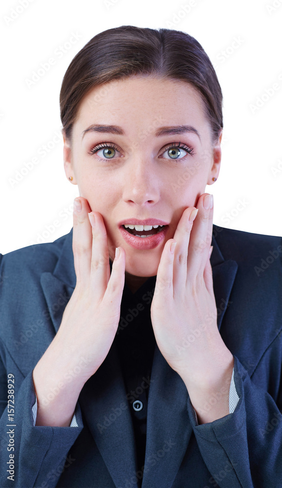 Astonished cute young business woman opening mouth and look at the camera isolated on white background. Astonished cute young business woman opening mouth and look at the camera isolated on white background.