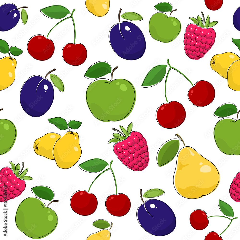 Fruit Berry Seamless Pattern , Juicy Pear and Red Cherry , Pink Raspberries with Fresh Plum, Ripe Apple and Quince, Vector Illustration Fruit Berry Seamless Pattern , Juicy Pear and Red Cherry , Pink Raspberries with Fresh Plum, Ripe Apple and Quince, Vector Illustration
