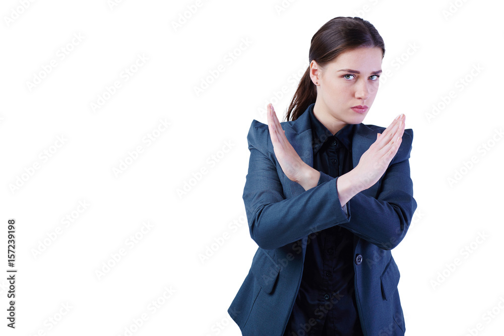 Business woman do a stop gesture isolated on white background. Business woman do a stop gesture isolated on white background.