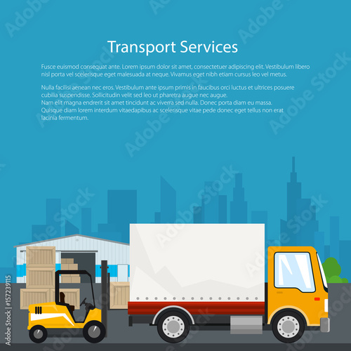 Warehouse and Transportation Services ,Warehouse with Forklift Truck and Lorry on the Background of the City, Unloading or Loading of Goods, Flyer Brochure Poster Design, Vector Illustration © serz72