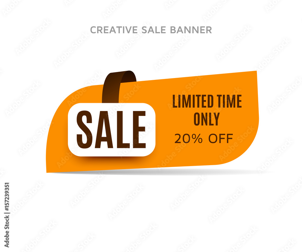 20% off sale banner with shadow on a white background. Orange sticker or discount label. Web special offer tag. 