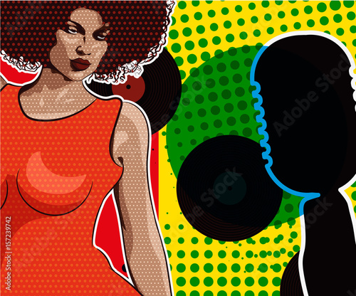 Lady singer soul music, red dress. Halftone dots. Vector image