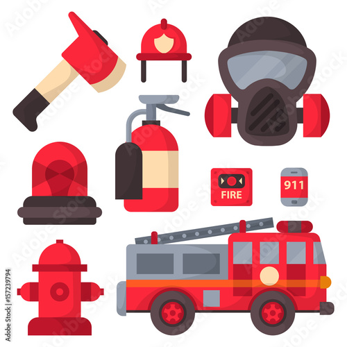 Fire safety equipment emergency tools firefighter safe danger accident protection vector illustration.