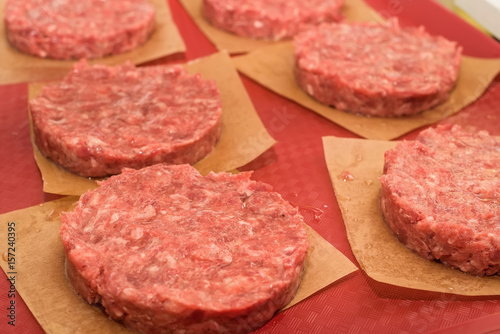 Raw burger cutlets close up