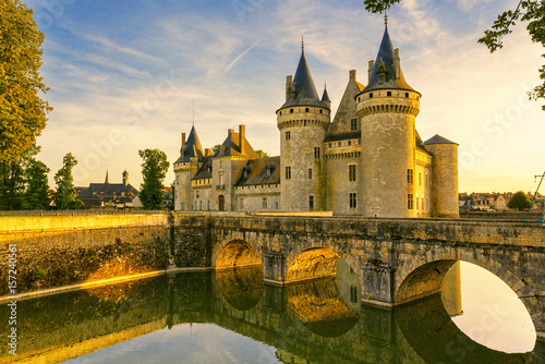 The chateau of Sully-sur-Loire at sunset, France. Castle is located in the Loire Valley. Sully-sur-Loire, France. photo