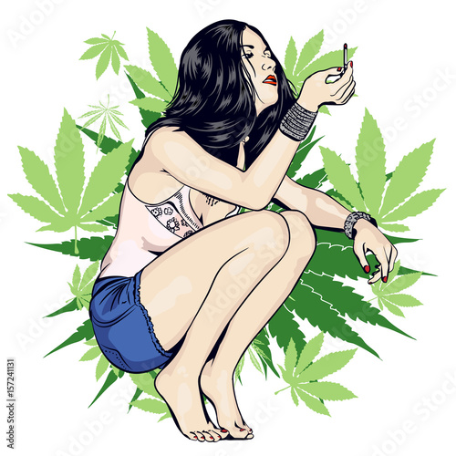 Beauty woman smoke joint. Cannabis leafs. Vector image
