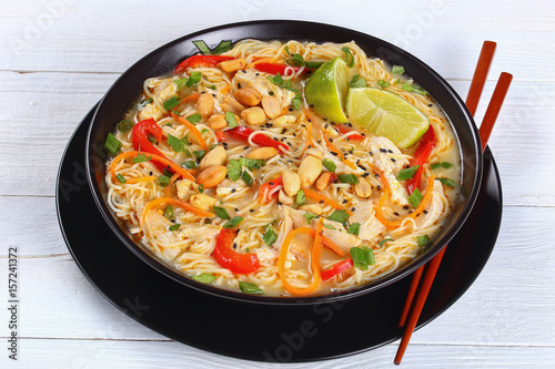 tasty Thai Chicken noodle soup, close-up