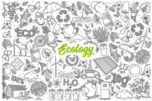 Hand drawn Ecology doodle set background with green lettering in vector